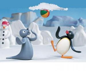 yapboz kızak ile Pingu ve Robby fok, ayıbalığı  oynuyor